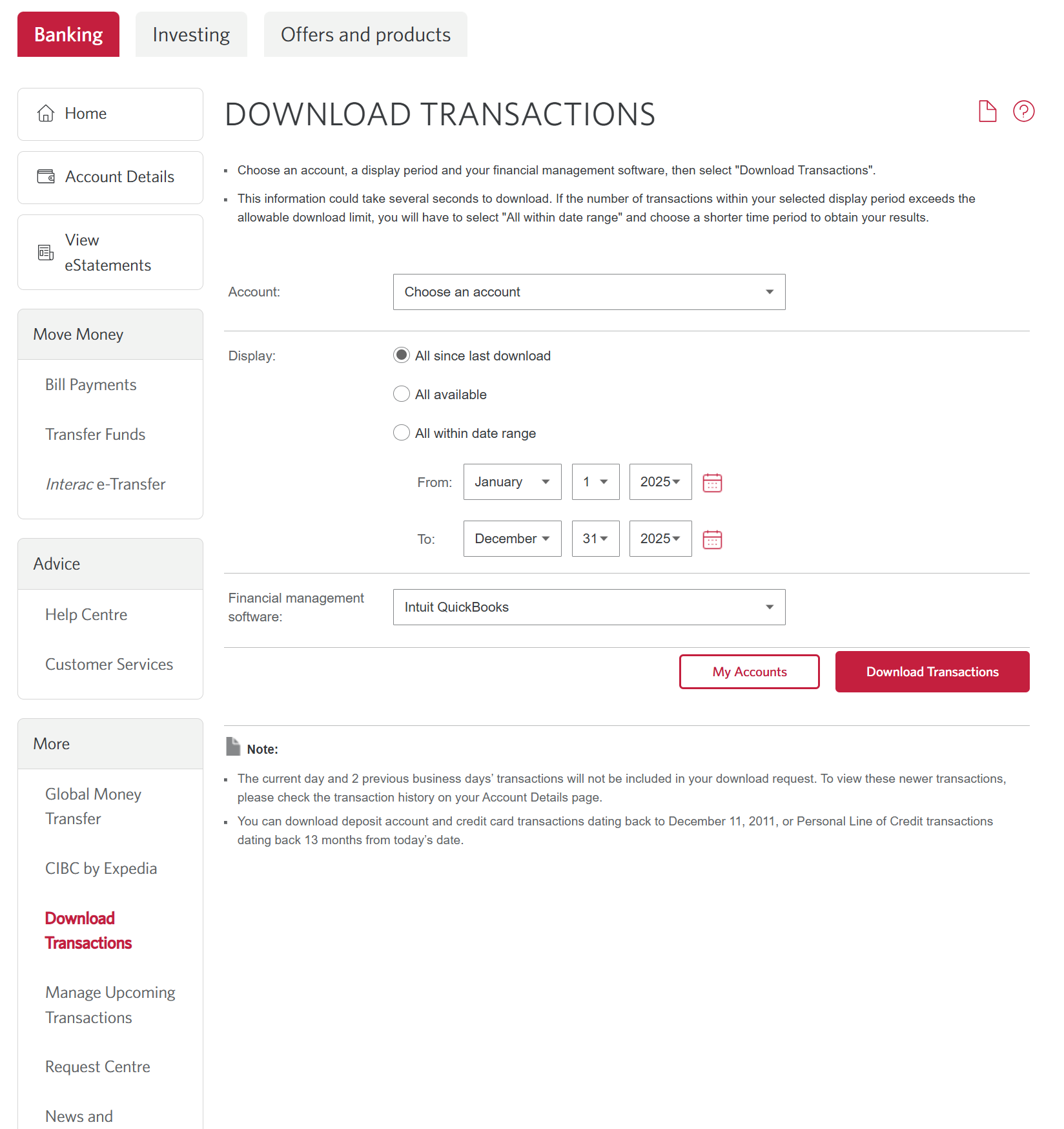 CIBC Download Transactions page showing account, date-range, Intuit QuickBooks format, and Download Transactions button